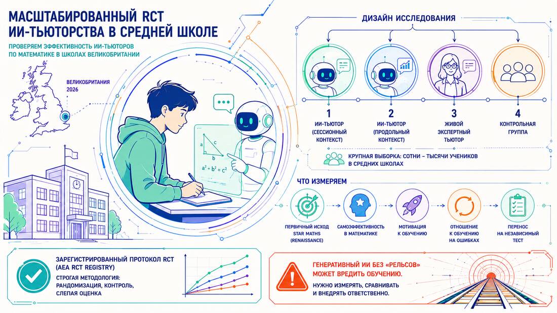 Инфографика: масштабированное RCT ИИ-тьюторства в средней школе Великобритании - 1525 учеников, 10 школ, четыре группы, независимый тест STAR Maths.